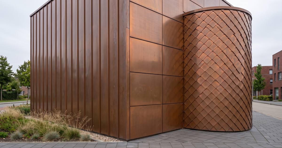 Hoek van een gebouw met koperen gevelbekleding in drie vormen: staande naad, vlakke cassettes en ruitvormige losanges op een ronde erker