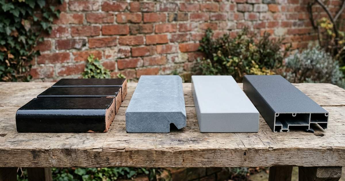 Soorten raamdorpels naast elkaar: zwarte dorpelstenen, hardsteen, composiet en een aluminium profiel
