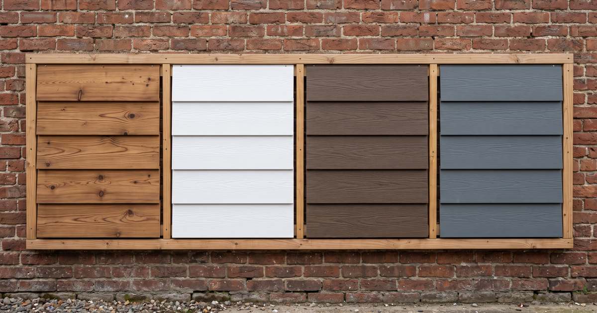 Vier soorten sidings naast elkaar: houten planken, witte kunststof, bruin composiet en grijs vezelcement