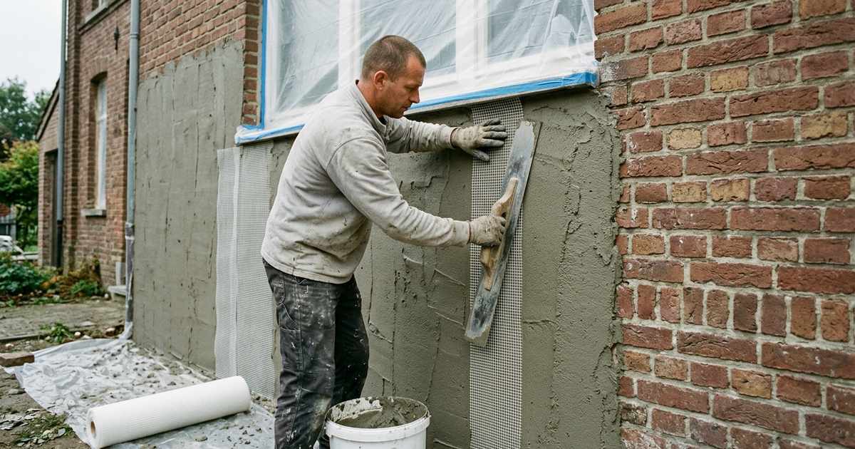 Specialist drukt wapeningsnet in de uitvlaklaag op een bakstenen gevel voordat de kurk erop gaat