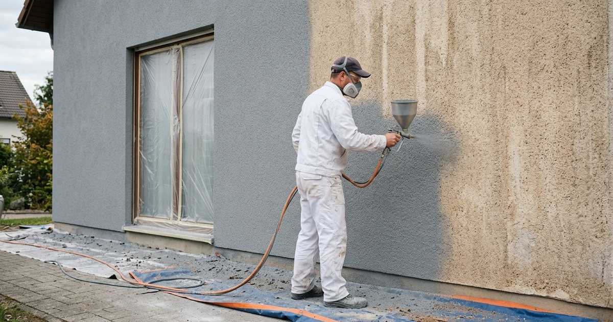 Specialist spuit een nieuwe grijze kurklaag over een verbleekte beige spuitkurkgevel
