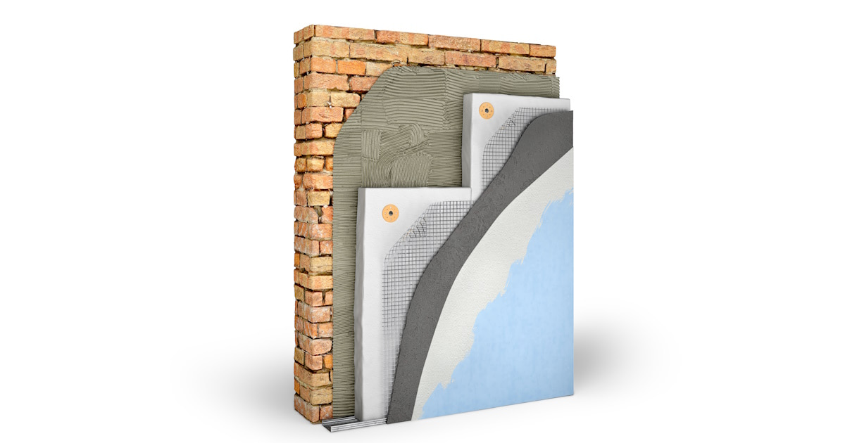 Een doorsnede van hoe een spouwmuur met isolatie is opgebouwd. De verschillende lagen zijn zo goed zichtbaar