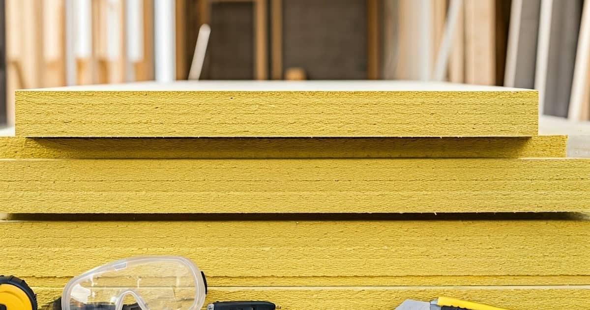 Een stapel PIR-isolatieplaten met een gele binnenkant. Op de voorgrond een veiligheidsbril en gereedschappen