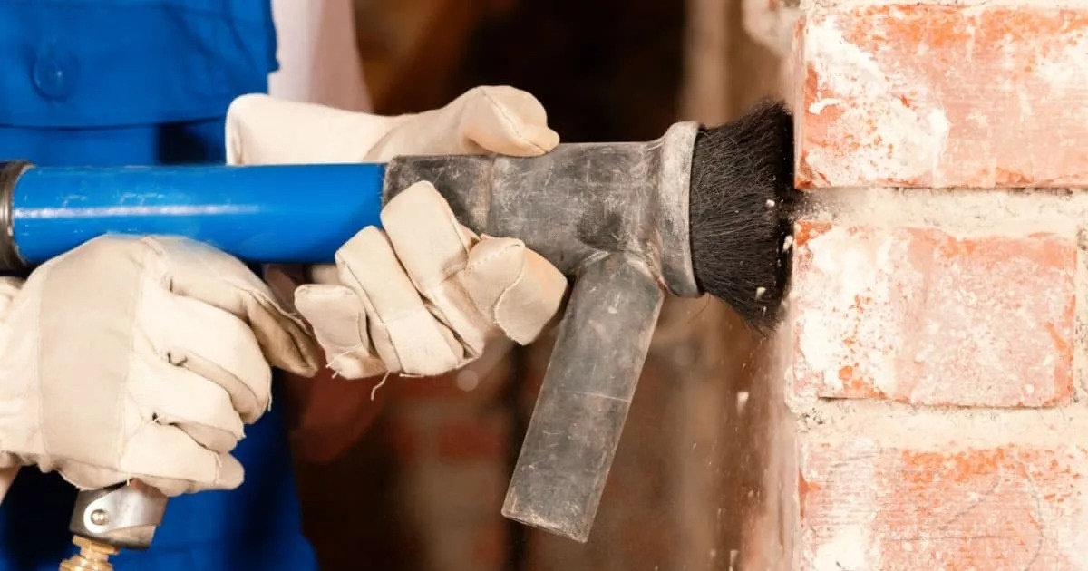 Een specialist maakt de voegen van een bakstenen gevel schoon met een voegenborstel. De persoon draagt handschoenen en beschermende kleding