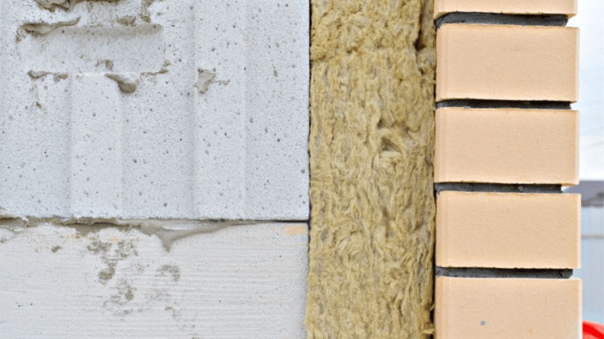 Een dwarsdoorsnede van een muur met spouwmuurisolatie.