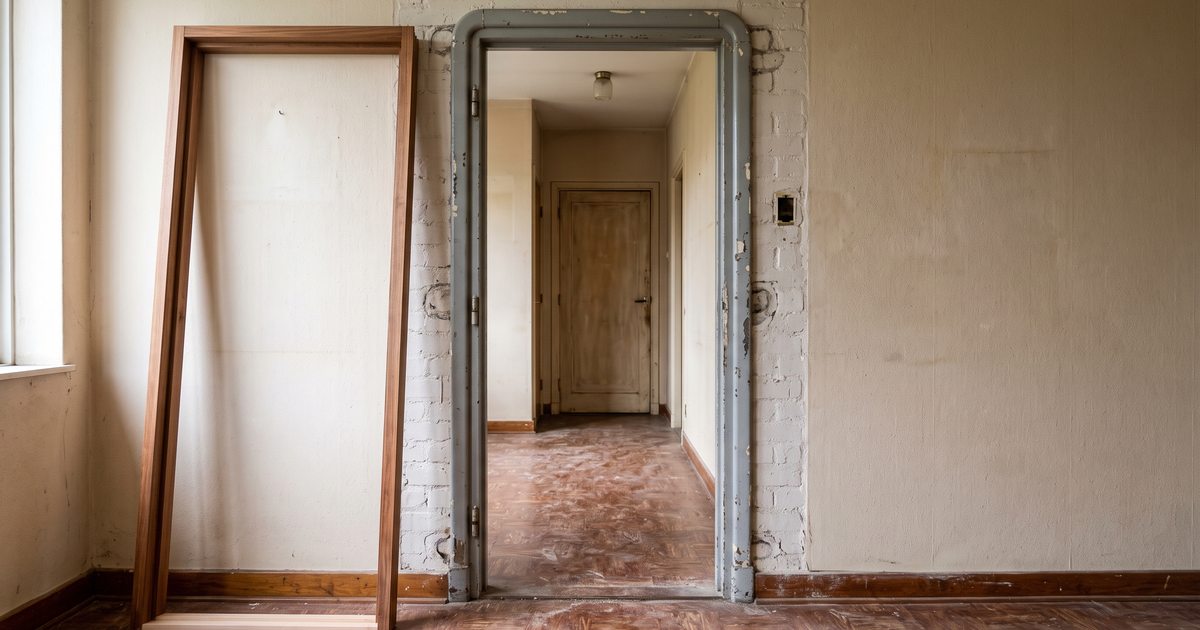 Oud stalen deurkozijn in een jaren-zestig hal, met een houten renovatiekader ernaast klaargezet