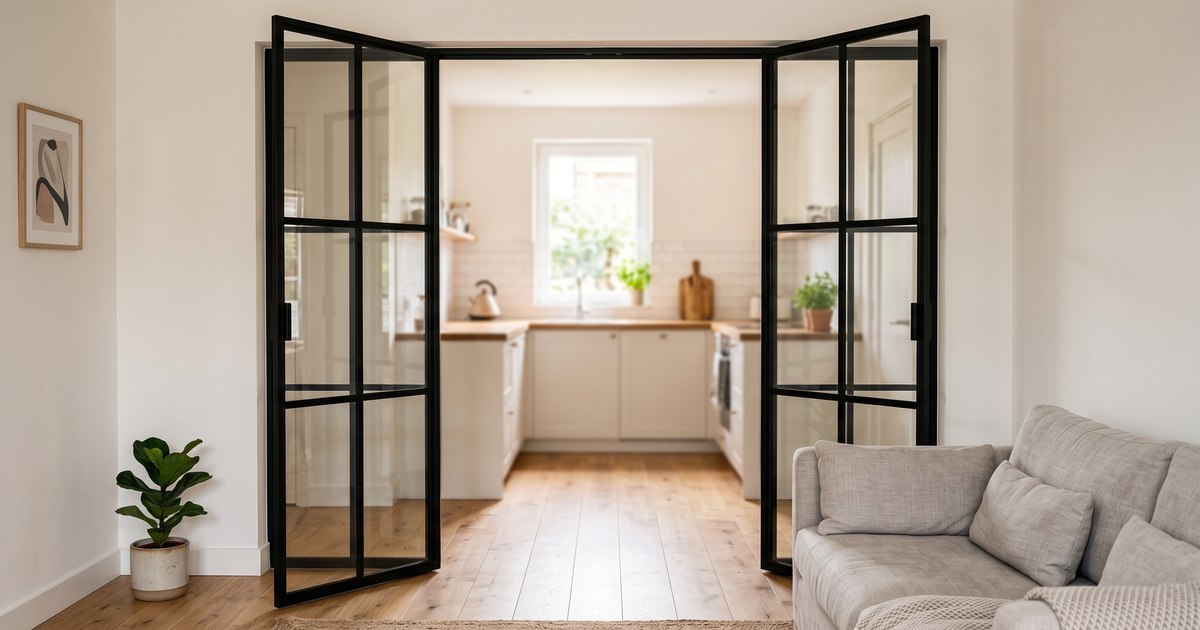 Openstaande dubbele steellook deuren tussen de woonkamer en de keuken van een woning