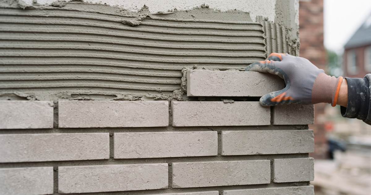 Hand met werkhandschoen drukt een dunne lichtgrijze steenstrip in gekamde lijmmortel boven de afgewerkte rijen