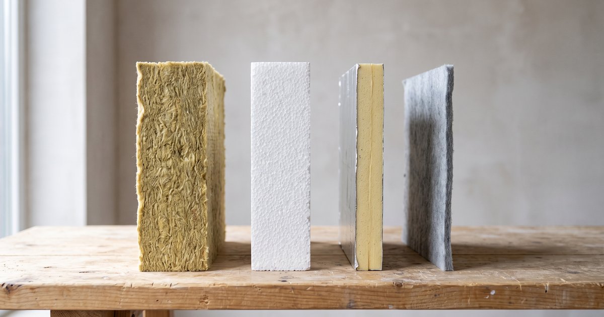 Vier stukken gevelisolatie naast elkaar van dik naar dun: steenwol, EPS, PIR met folie en aerogel
