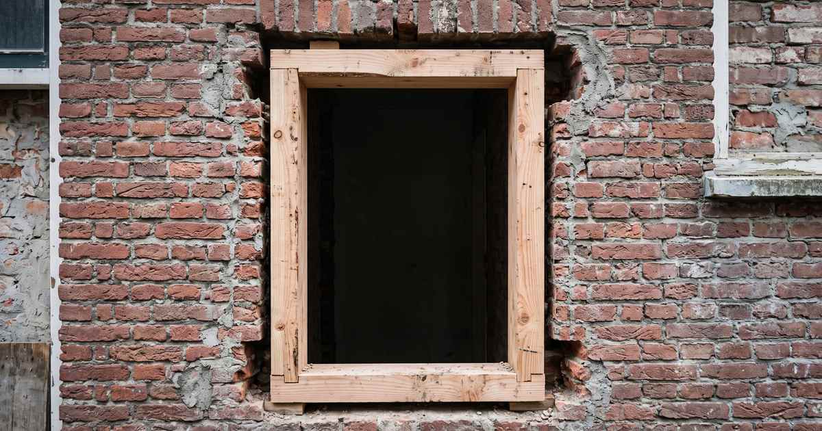 Houten stelkozijn in een gemetselde gevelopening, klaar voor het profiel