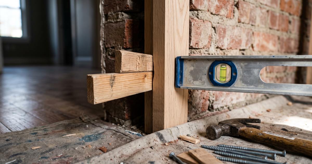 Stelwiggen tussen kozijnstijl en metselwerk, met een waterpas tegen de stijl en schroeven op de vloer