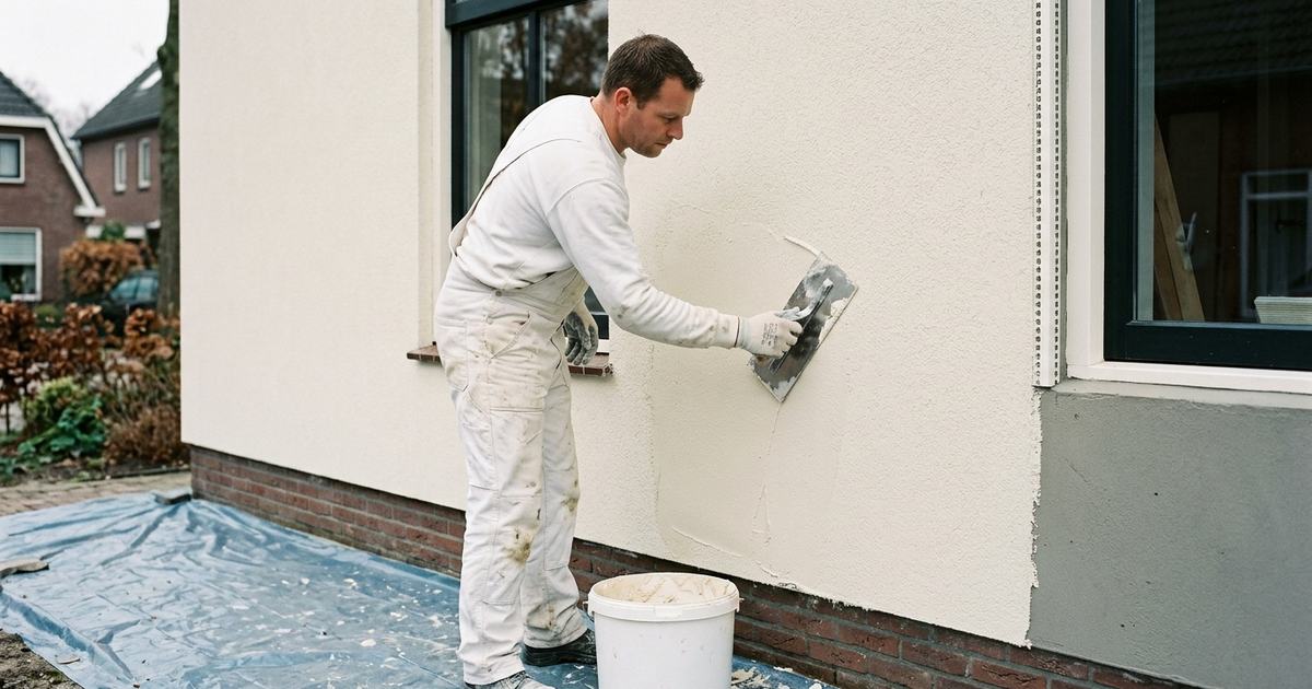 Stukadoor zet met een spaan een witte toplaag kunstharspleister op de gevel, naast een raam met hoekprofiel