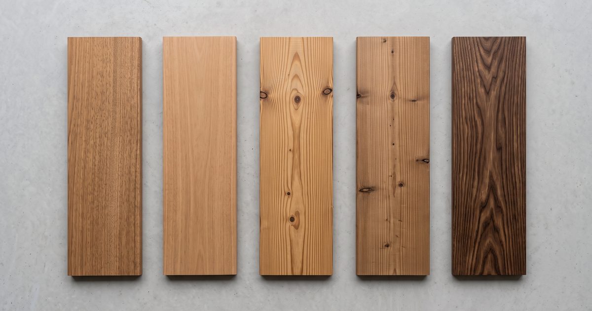 Vijf thermowood planken naast elkaar: fraké, ayous, grenen, vuren en essen, van middenbruin tot donkerbruin