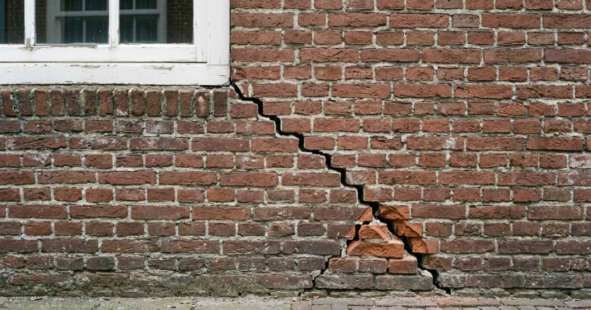 Trapsgewijze scheur in metselwerk vanaf een raamhoek die onderaan door de stenen breekt