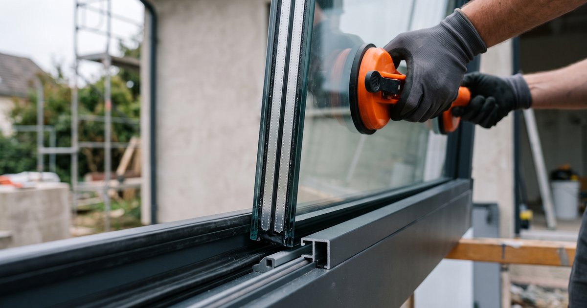 Drievoudige beglazing wordt in het profiel van een nieuwe schuifpui gezet