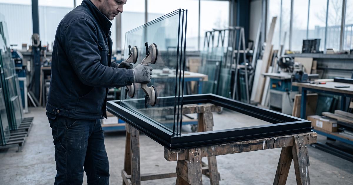Glaszetter plaatst triple glas in een zwart stalen kozijn
