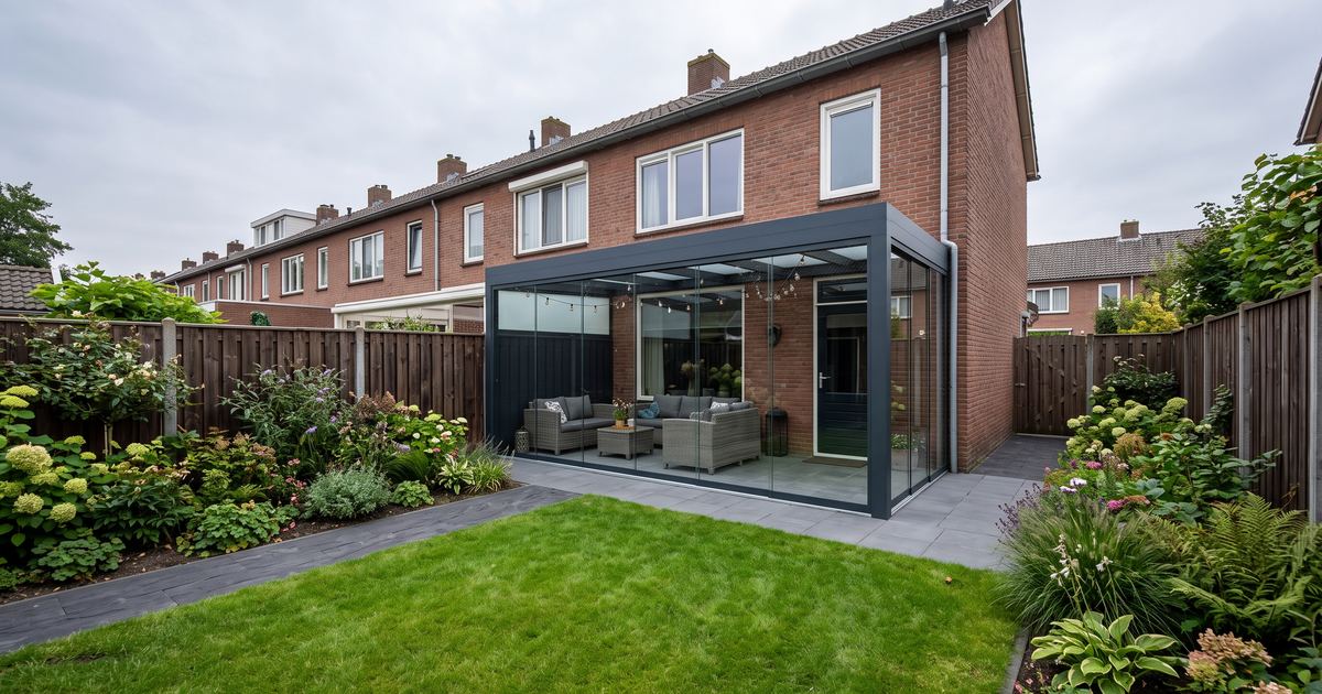 Veranda met een glazen schuifwand tegen de achtergevel van een rijwoning, gezien vanuit de tuin