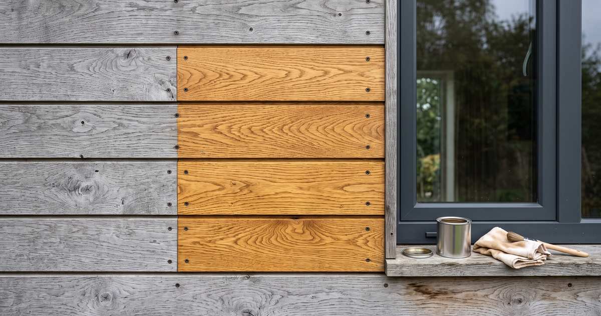 Zilvergrijs vergrijsde eiken gevel met een proefvlak van vier planken die met UV-olie weer warm goudbruin zijn