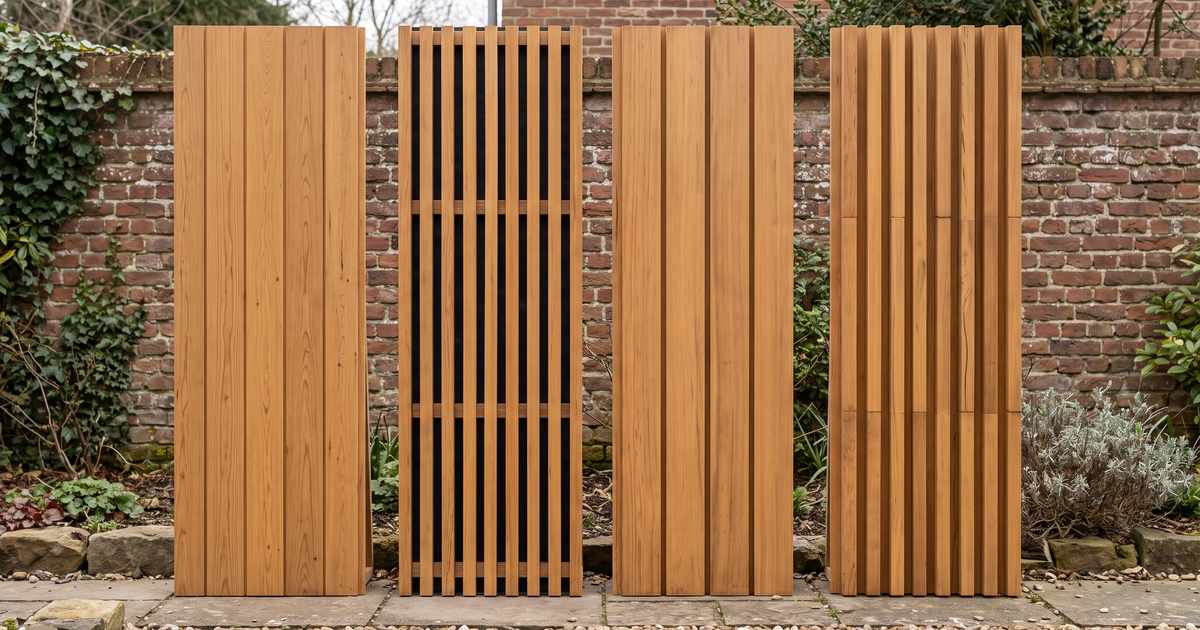 Vier verticale profielen houten gevelbekleding naast elkaar: planchetten, open latten, channelsiding en blokprofiel