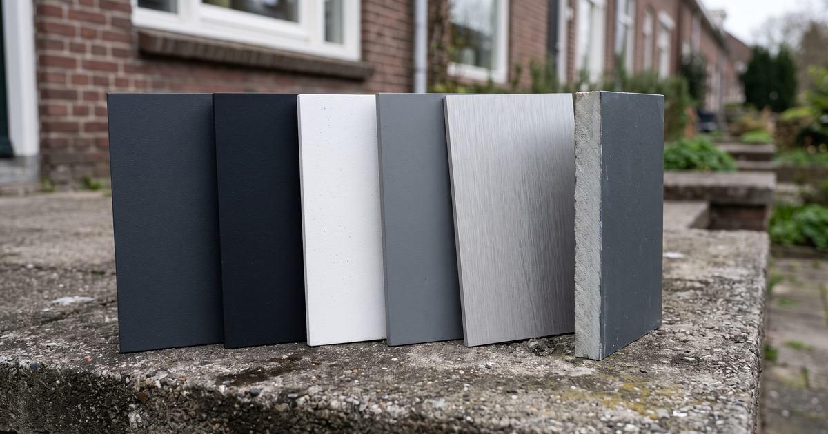 Zes vezelcementplaten in antraciet, zwart, krijtwit, leisteengrijs en lichtgrijs met nerf, met een zaagrand die de lichtere kern toont