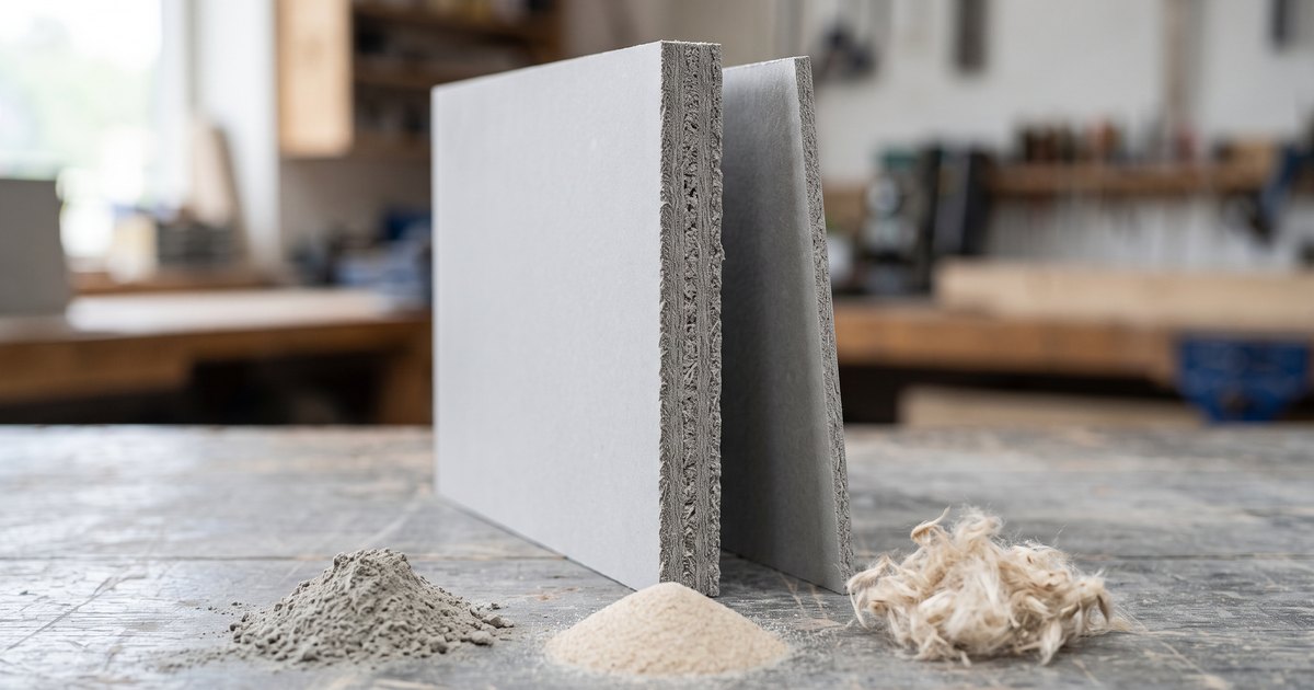 Vezelcementplaat op zijn kant met de zaagrand in beeld, met cementpoeder, zand en cellulosevezels ervoor op een werkbank