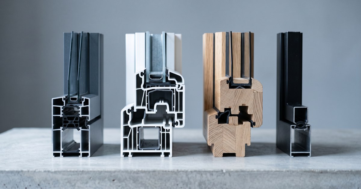 Doorsneden van aluminium, kunststof, hout en staal naast elkaar
