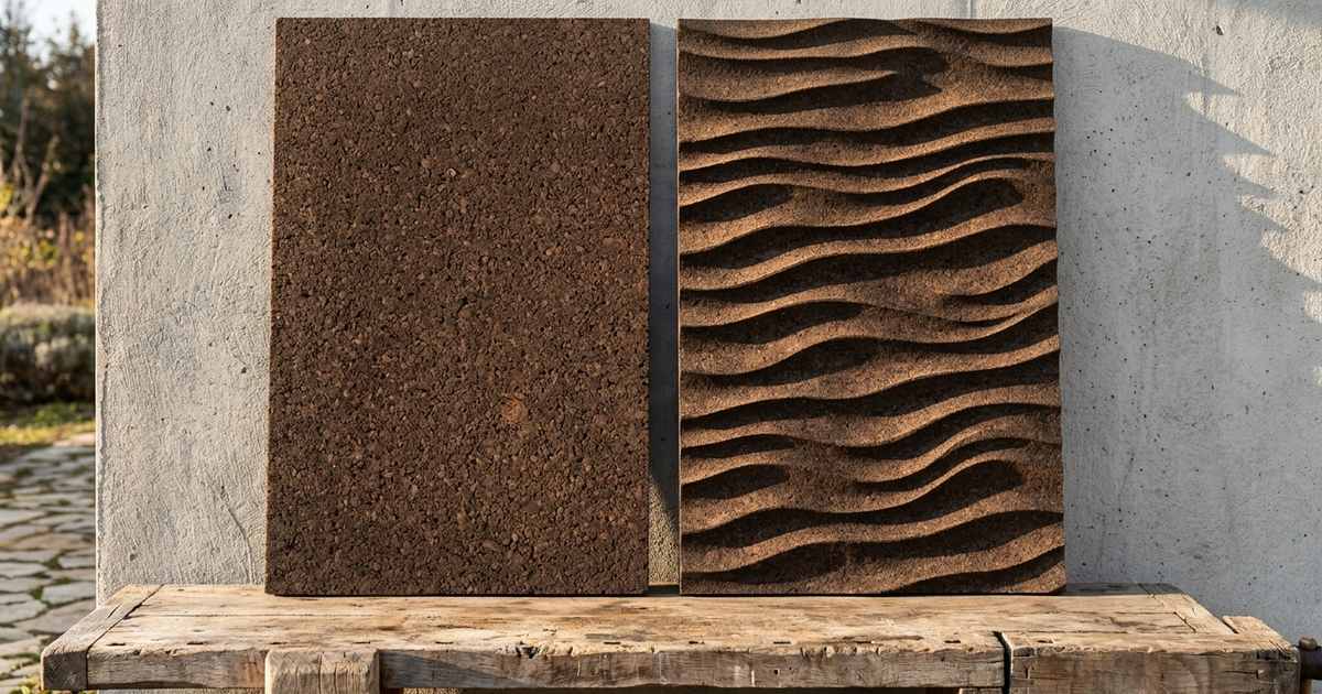 Vlakke en gestructureerde gevelkurkplaat met golfreliëf naast elkaar in strijklicht