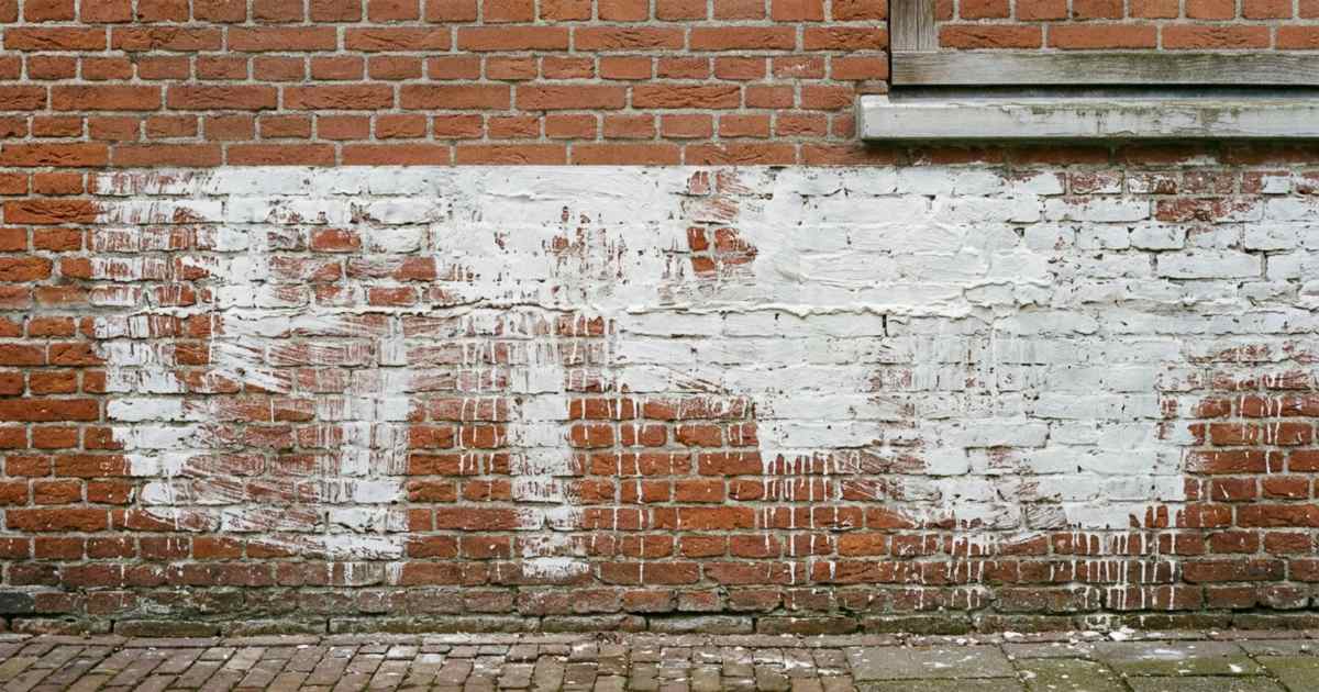 Zelf gekaleide bakstenen muur met vlekken, dunne en dikke plekken, aanzetranden en druipers