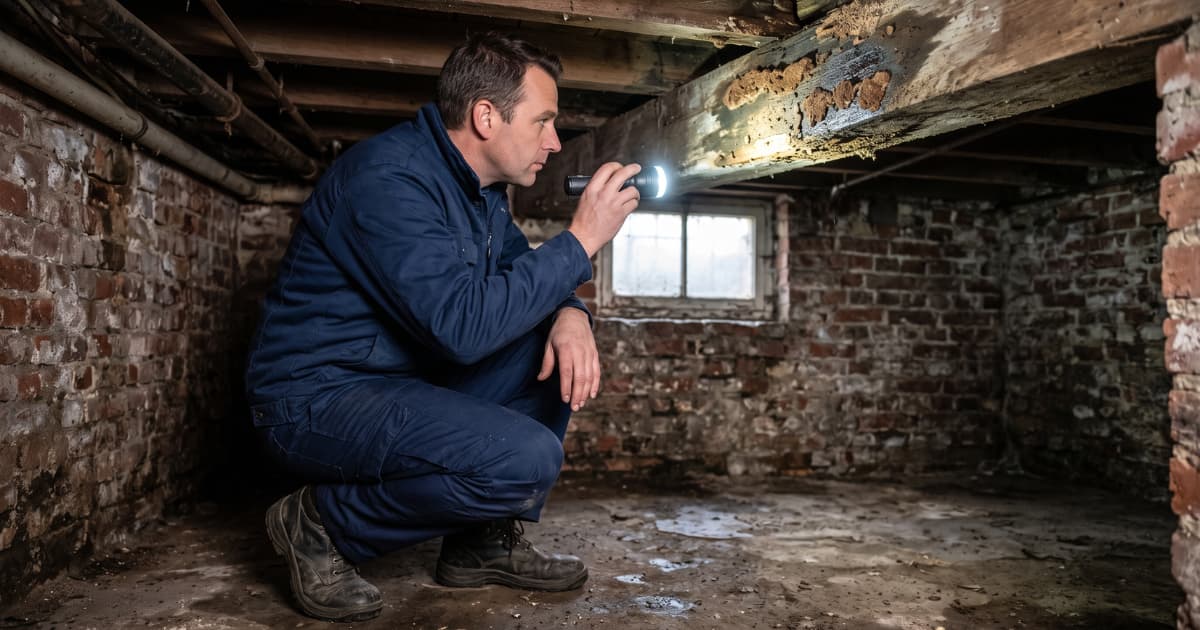 Vochtexpert in donkerblauwe overall hurkt in een vochtige kelder met bakstenen muren en schijnt met een zaklamp op een houten balk die geelbruine schimmelaantasting vertoont.