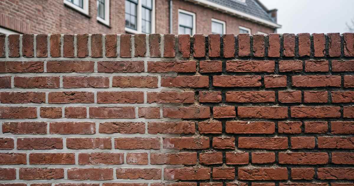 Bakstenen muur met links gave voegen en rechts voegen die te diep zijn uitgespoeld bij het reinigen