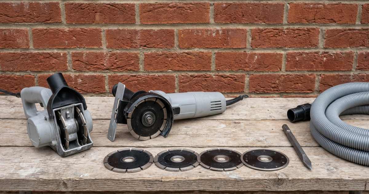 Voegenfrees, haakse slijper met geleideplaat en afzuigkap, diamantschijven en een beitel op een steigerplank