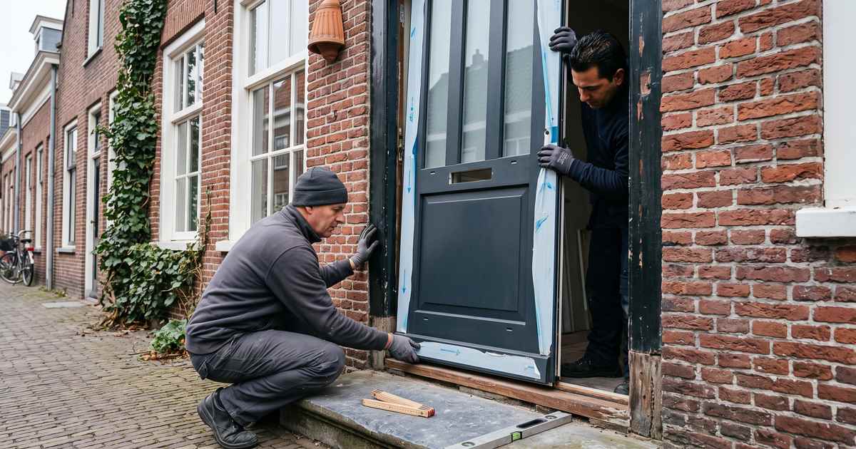 Twee monteurs zetten een nieuwe voordeur in het bestaande kozijn
