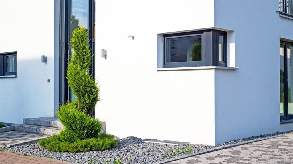 Een moderne woning met een kleine voortuin van kiezelstenen met een spiraalvormige conifeer. 