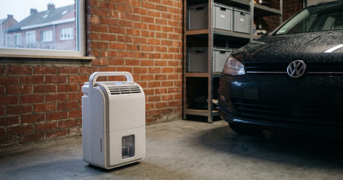 Een witte mobiele luchtontvochtiger staat op de betonvloer van een garage met rode bakstenen muren, naast een donkere auto vol regendruppels en onder een raam dat uitkijkt op een straat met bakstenen huizen.