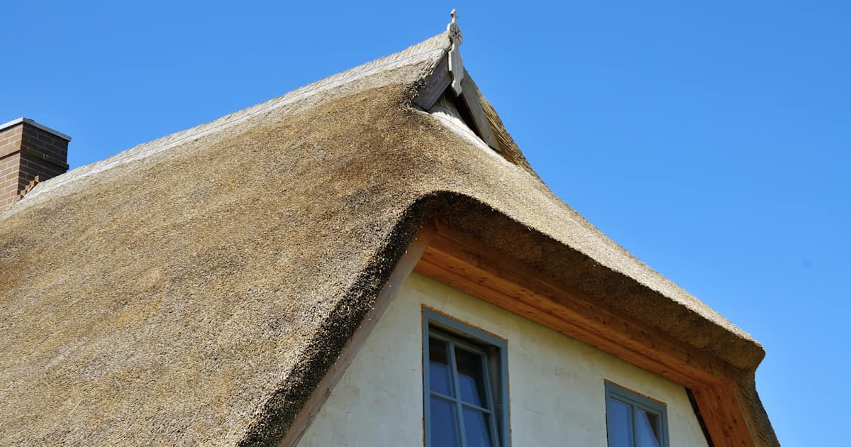 Een rieten wolfsdak op een traditionele, vrijstaande woning met een witte gevel