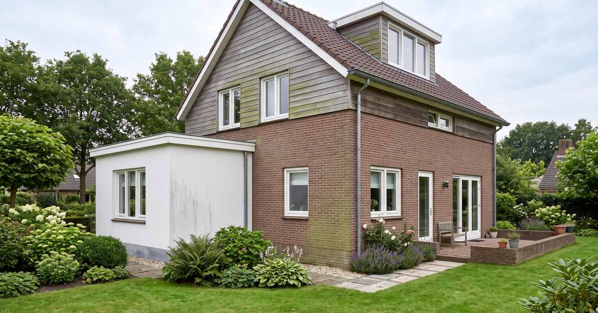 Woning met een gevel van baksteen, een wit gepleisterde aanbouw en houten gevelbekleding met lichte groene aanslag