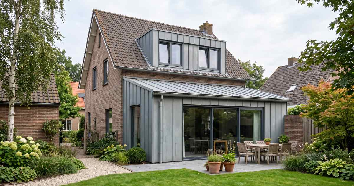 Achterzijde van een bakstenen woning met een zinken dakkapel en een aanbouw die op gevel en dak met grijs zink is bekleed