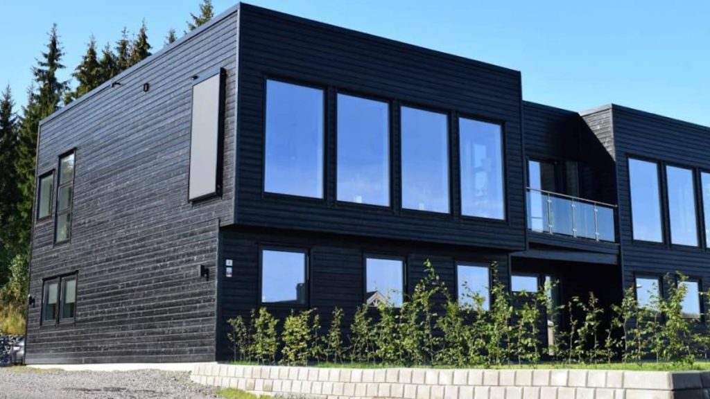 Een moderne woning met grote ramen. De gevelbekleding is zwart.