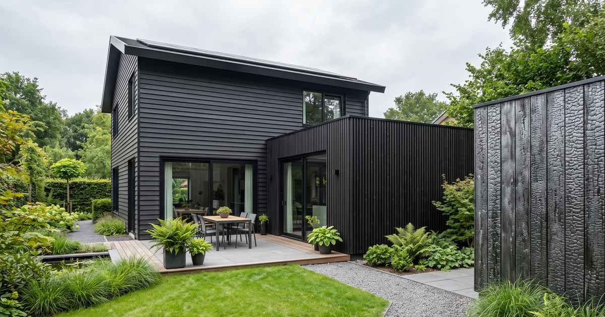 Woning met zwarte houten rabatdelen, een aanbouw met open zwarte latten en een tuinberging van gebrand hout