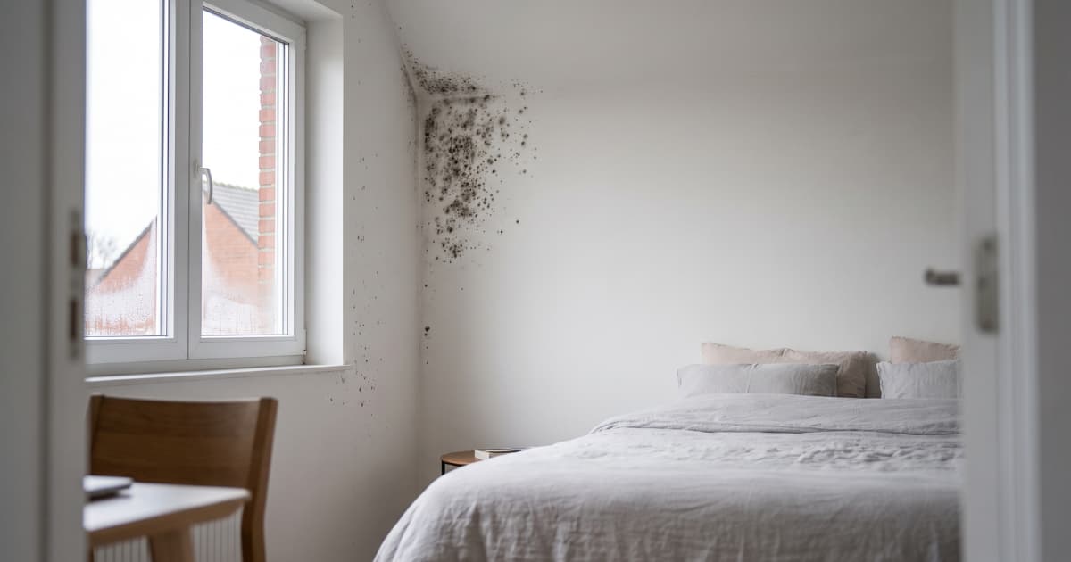 Donkere schimmelplekken verspreiden zich vanuit de bovenhoek waar muur en plafond samenkomen naast een wit raam in een slaapkamer, met een opgemaakt bed met lichtgrijs beddengoed eronder en door het raam rode bakstenen daken van aangrenzende woningen zichtbaar.